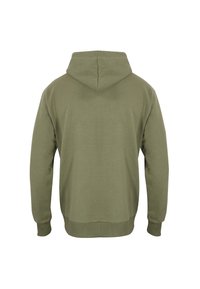 Sweat à capuche vert olive avec une texture de tissu douce, des poignets et un ourlet côtelés, et une capuche doublée. Présente un design simple sans logo ni motif visible.