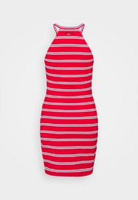 Červené pruhované šaty na tělo s bílými horizontálními pruhy. Bez rukávů, s designem na krk a mírným řasením na spodní části. Měkký materiál.