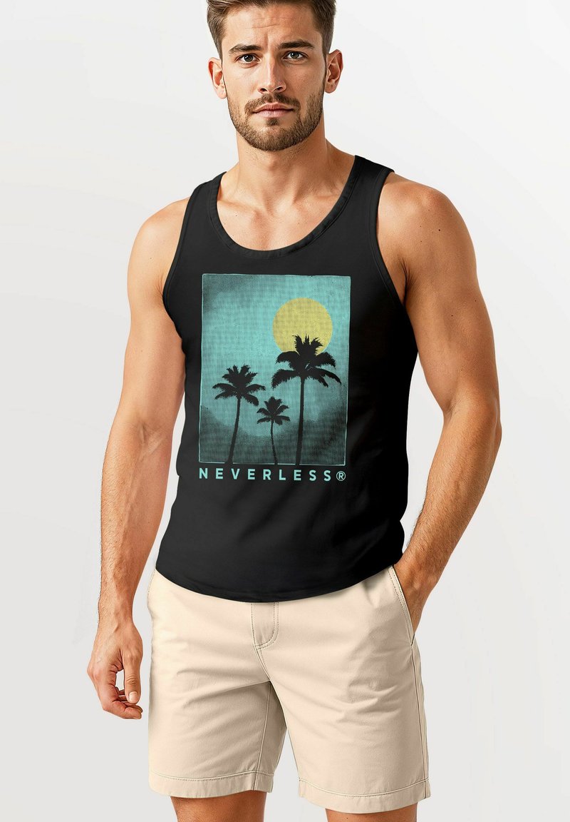 A man in a black tank top stands against a light background, featuring a design with palm trees and a large yellow sun above.