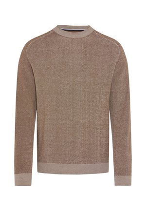 Brun ribbet sweater med høj hals og lange ærmer. Har et struktureret strikkemønster og kontrastende ribber ved ærmeenderne og kanten.