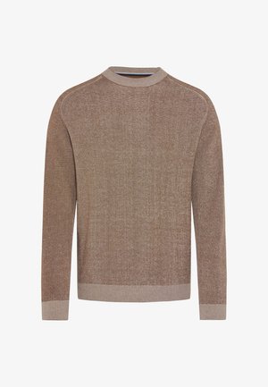 Pull marron côtelé avec un col haut et des manches longues. Présente un motif de tricot texturé et un côtelé contrastant aux poignets et à l'ourlet.