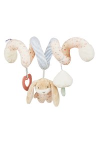 Colorful spiral baby toy with floral and striped patterns, plush bunny, heart-shaped teether, and textured pom-pom accents. Soft fabric materials.