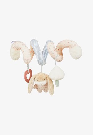 Colorful spiral baby toy with floral and striped patterns, plush bunny, heart-shaped teether, and textured pom-pom accents. Soft fabric materials.