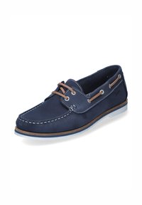 Marineblaue Lederbootsschuhe mit gestickten Details, braunen Schnürsenkeln und heller Sohle. Verfügt über Metallösen und ein rundes Zehendesign.