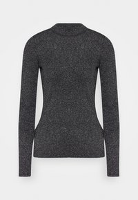 Svart långärmad topp med en tight passform, tillverkad av ribbad material med subtil lyster; har en hög halsringning och åtsittande ärmar.