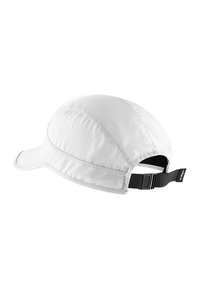 White cap with curved top, textured fabric, and adjustable black strap at the back. Features a solid, smooth visor and no visible logos.