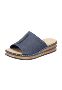 Sandale à glissière bleu marine, fabriquée en cuir texturé, avec un intersole en liège et une semelle en caoutchouc. Design à bout ouvert avec des détails cousus.