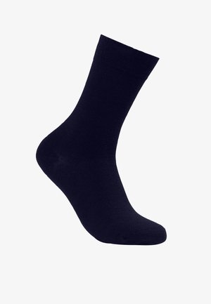 Dunkelblaue Baumwollsocke mit weicher Textur, in mittlerer Schaftlänge und glatter Oberfläche. Verfügt über einen gerippten oberen Teil für elastischen Sitz und Langlebigkeit.