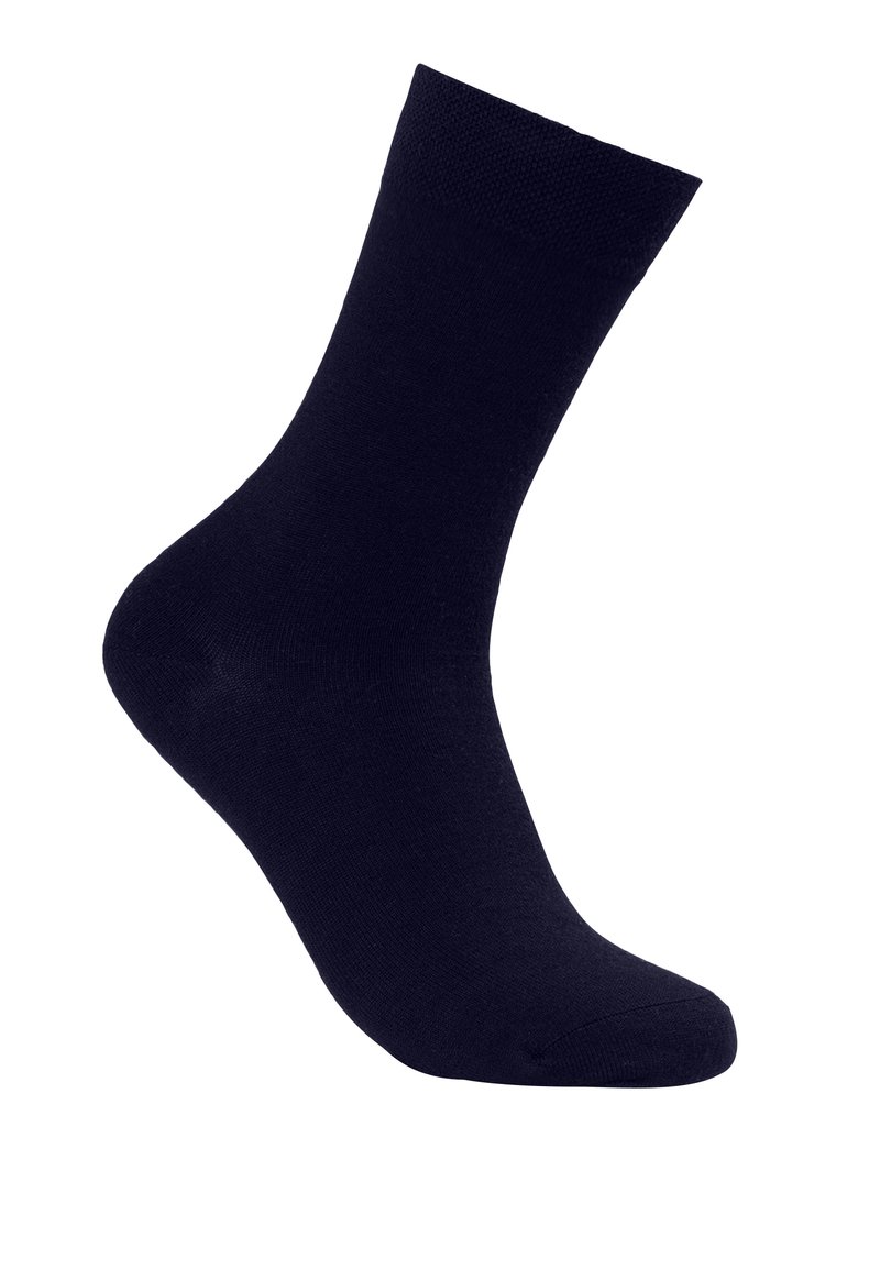 Calcetín de algodón azul oscuro con una textura suave, de longitud media hasta la pantorrilla y un acabado liso. Presenta una parte superior acanalada para un ajuste elástico y durabilidad.