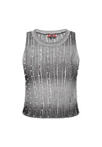 Ärmelloses silbernes Stricktop mit vertikalen Streifen, einem gerippten Ausschnitt und kleinen Verzierungen für Textur und Details.