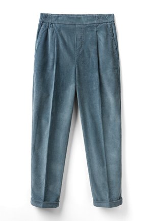 Pantaloni in corduroy azzurro chiaro con una texture a coste, caratterizzati da una forma affusolata, pieghe frontali e orli arrotolati.