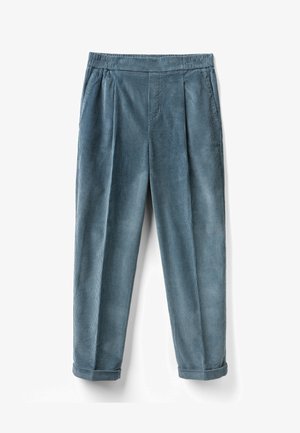 Pantaloni in corduroy azzurro chiaro con una texture a coste, caratterizzati da una forma affusolata, pieghe frontali e orli arrotolati.