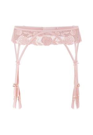 Różowy pas do pończoch z koronką i kwiatowym haftem oraz regulowanymi paskami z metalowymi zatrzaskami do mocowania pończoch.