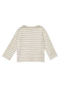Langarmshirt aus weichem Creme-Stoff mit horizontalen rostbraunen Streifen. Verfügt über einen runden Halsausschnitt und eine lockere Passform, ohne zusätzliche Details.