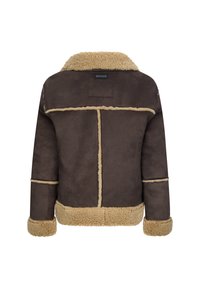 Giacca scamosciata marrone con colletto e polsini in shearling color beige, caratterizzata da un design a sezioni rettangolari e cuciture a contrasto. Etichetta del marchio sul retro.