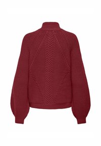 Rode gebreide trui met hoge kraag, voorzien van een gestructureerd ruitenpatroon en volumineuze mouwen, afgewerkt met ribgebreide boorden en zoom.