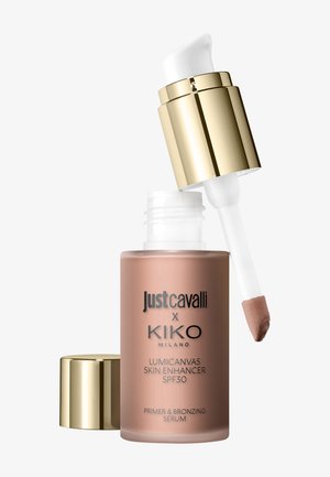 Just Cavalli x KIKO Milano Lumicanvas Skin Enhancer SPF30 base de maquillage et sérum bronzant avec flacon ouvert et compte-gouttes à capuchon doré montrant le produit.
