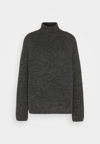 Pull en maille gris foncé avec un col montant, des manches longues et un motif texturé en côtes. Présente une coupe décontractée et un ourlet droit.