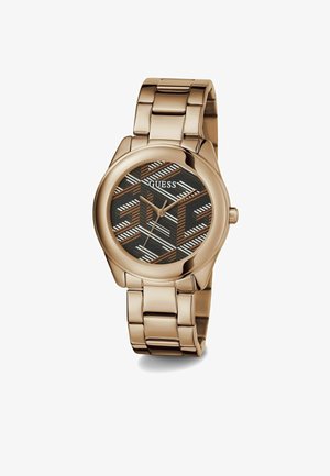 Złoty zegarek w kolorze różowego złota z wzorzystą czarną i brązową tarczą. Posiada liniowe wzory, okrągłą kopertę i bransoletkę w formie ogniwa.