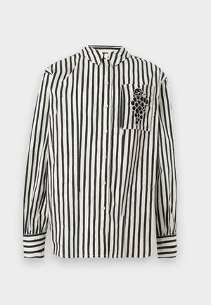 Black and white striped shirt with a button-down collar, long sleeves, and a left chest pocket featuring a grape design. Cotton material.