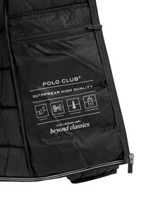 Czarna kurtka od wewnątrz z kieszenią na zamek błyskawiczny i tekstem podkreślającym cechy: ultralekka, dopasowany krój, ekstra ciepła, wodoodporna oraz logo marki.