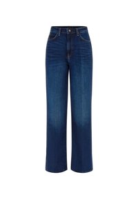 Mörkblå högmidjade vida jeans i denim. Har fem fickor, bältesöglor och en knappstängning fram. Slät yta.