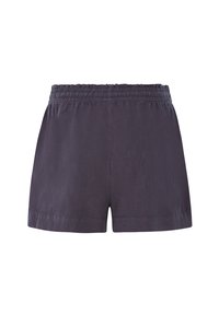 Pantaloni corti leggeri di colore grigio scuro con una vita elastica e una superficie liscia, caratterizzati da una vestibilità comoda e orli rifiniti.