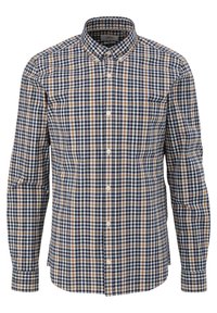 Langarm geruite blouse in marineblauw, wit en bruin. Heeft een button-down kraag en een borstzak aan de voorkant. Gemaakt van lichte stof.