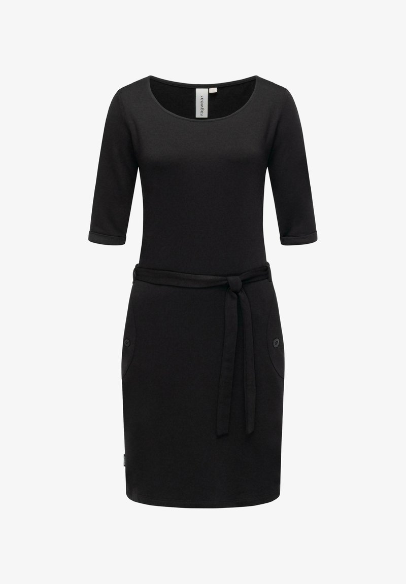 Czarna bawełniana sukienka z rękawami o długości trzech czwartych, dekoltem w serek, paskiem w talii i dwiema bocznymi kieszeniami z akcentami w postaci guzików. Gładka tekstura, casualowy fason.
