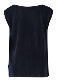 Marineblauw bovenstuk met een ontspannen pasvorm, met een geribbelde textuur, brede halslijn en korte mouwen. Schoon afgewerkt zonder zichtbare hardware of accenten.