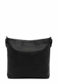 Borsa a spalla in pelle nera con texture a pietra, forma rettangolare e accenti metal per contrasto sulle cinghie.