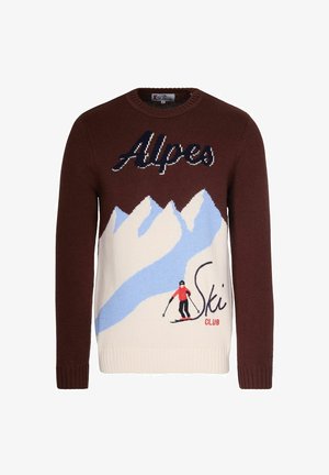 Maglione lavorato a maglia marrone e crema con un design di montagne, dettagli blu, una grafica di uno sciatore e la scritta "Alpes Ski Club."