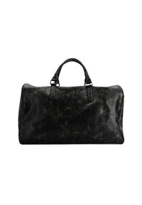 Borsa da viaggio in pelle nera con finitura testurizzata, manici corti e logo impresso nella parte anteriore. Forma rettangolare con ampio interno.