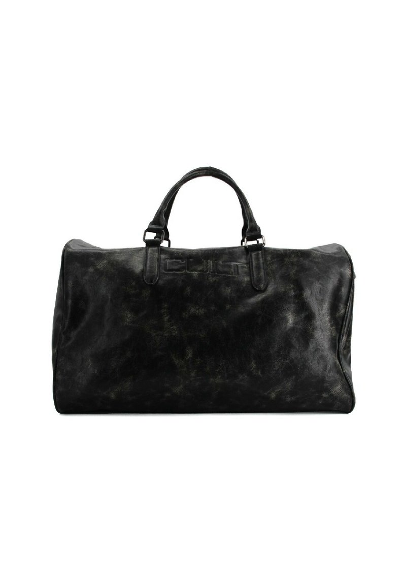 Borsa da viaggio in pelle nera con finitura testurizzata, manici corti e logo impresso nella parte anteriore. Forma rettangolare con ampio interno.