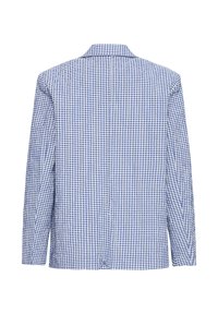 Blazer à manches longues à petits carreaux bleus et blancs, vu de dos, avec un col cranté et un ourlet droit.