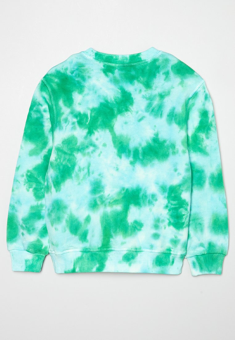 Felpa a maniche lunghe con collo rotondo, con motivo tie-dye verde e blu, polsini e orlo a costine, esposta in piano con il retro visibile.