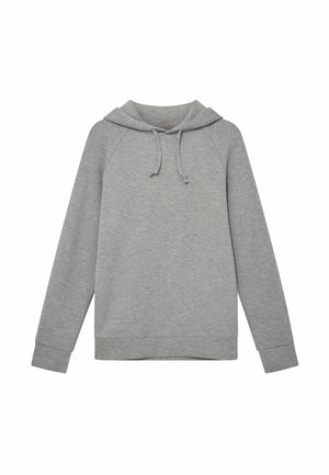 Harmaa huppari, jossa on naruilla säädettävä huppu, raglan-hihat, ribbaus mancheteissa ja helmassa. Valmistettu pehmeästä, sileästä kankaasta, jossa on hienovarainen tekstuuri.