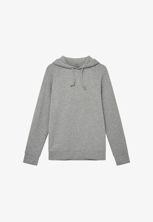 Harmaa huppari, jossa on naruilla säädettävä huppu, raglan-hihat, ribbaus mancheteissa ja helmassa. Valmistettu pehmeästä, sileästä kankaasta, jossa on hienovarainen tekstuuri.