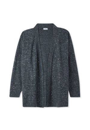 Ciemnoszary kardigan o luźnym kroju, z otwartym przodem i błyszczącymi srebrnymi drobinkami w całej tkaninie. Miękka tekstura i długie rękawy bez zapięcia.