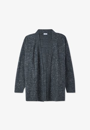 Ciemnoszary kardigan o luźnym kroju, z otwartym przodem i błyszczącymi srebrnymi drobinkami w całej tkaninie. Miękka tekstura i długie rękawy bez zapięcia.
