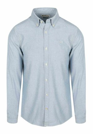 Lichtblauw overhemd met lange mouwen met knoopsluiting, een knopsluiting aan de kraag en klein Barbour-logo op de linkerborst geborduurd.