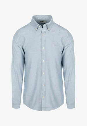 Light blue long-sleeve button-down shirt with buttoned collar and small Barbour logo embroidered on the left chest.