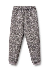 Blumengemusterte Hosen mit elastischem Bund, aus weichem Stoff gefertigt. Grauer Hintergrund mit kleinen Pastellblumen, geraffte Bündchen an den Knöcheln.