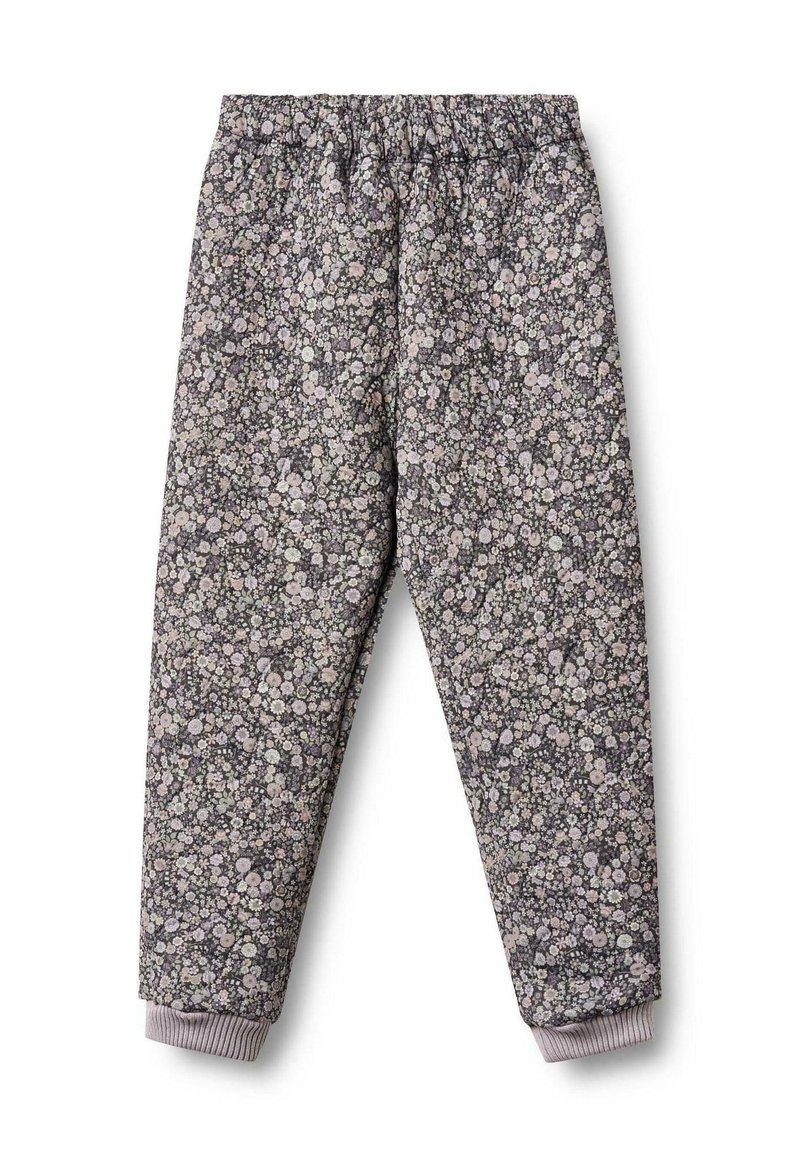 Blumengemusterte Hosen mit elastischem Bund, aus weichem Stoff gefertigt. Grauer Hintergrund mit kleinen Pastellblumen, geraffte Bündchen an den Knöcheln.