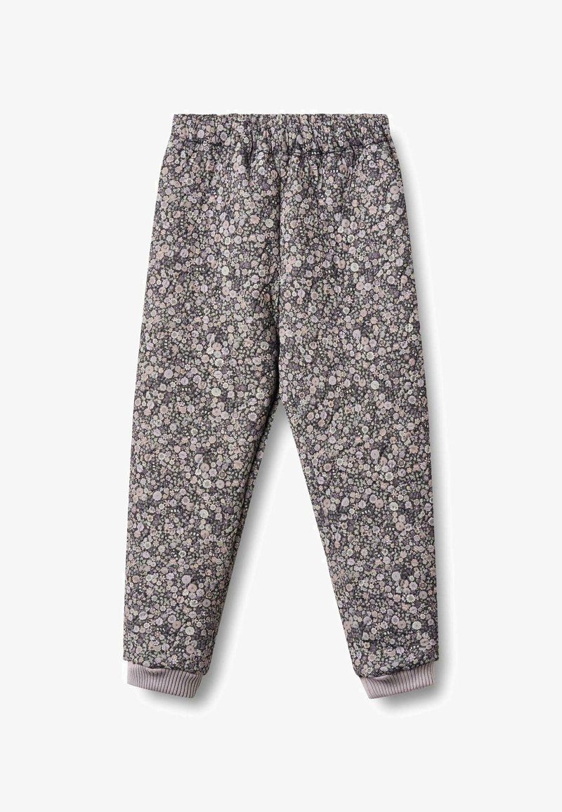 Blumengemusterte Hosen mit elastischem Bund, aus weichem Stoff gefertigt. Grauer Hintergrund mit kleinen Pastellblumen, geraffte Bündchen an den Knöcheln.
