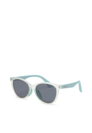 Kindersonnenbrille mit durchscheinend weißen Frontbügeln und hellblauen Bügeln, mit dunkel getönten Gläsern und "Kiddus"-Markierung an der Seite.