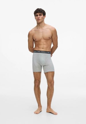 Man zonder hemd, blootsvoets staand, dragend grijze boxershorts met een zwarte tailleband met het label "KARL LAGERFELD" op een effen witte achtergrond.