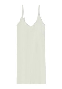Abito sottoveste verde chiaro con spalline sottili, caratterizzato da un scollo ondulato e un design semplice e senza decorazioni. Tessuto con una texture liscia.