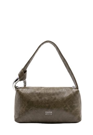 Rechteckige olivegrüne Lederhandtasche mit einem einzelnen Schulterriemen und einem silbernen Ringdetail an einer Seite.