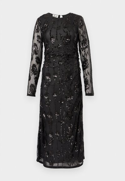 Must pikkade varrukatega kleit läbipaistva võrkmaterjali pealiskihiga, kaunistatud peente lillemotiividega litrideta, kehasse istuv ja poolpikkusega.